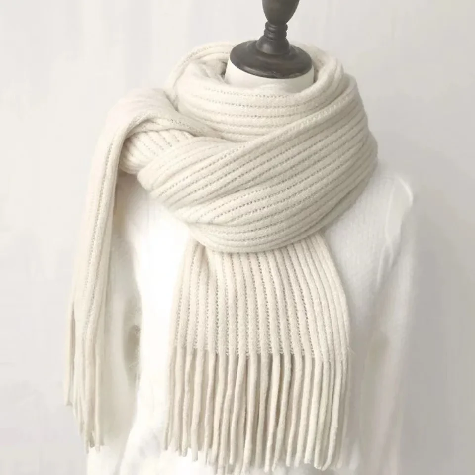 Female winter student Korean version versatile new knitted couple thickened warm wool men's solid color fringed scarf