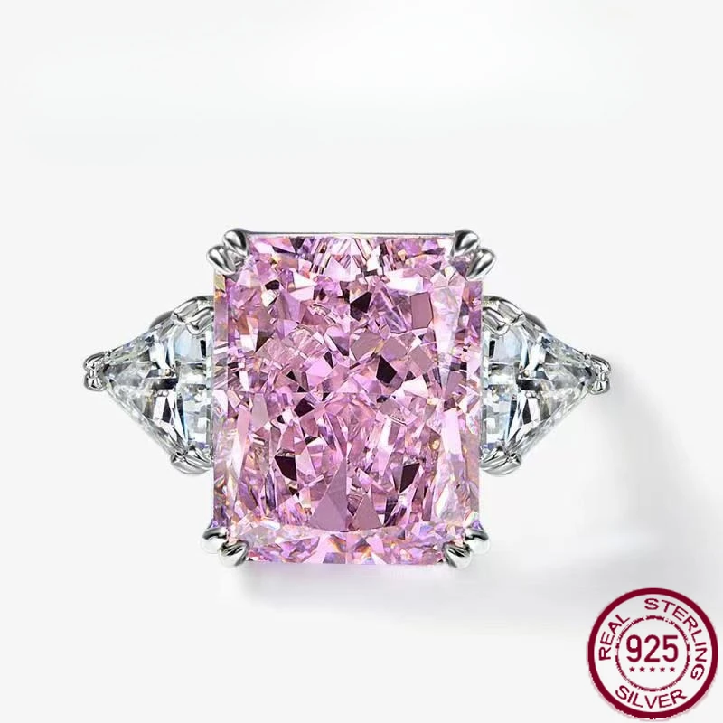 

New European and American 925 Silver Ring 13 * 16 Pink Ice Flower Cut 15 Carat Women's Ring Wedding Jewelry