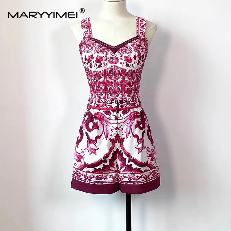 

MARYYIMEI 2023 New Pure Cotton Summer Fashion Women's Suit Small strap top+shorts Pure cotton Printi Two-Piece Set