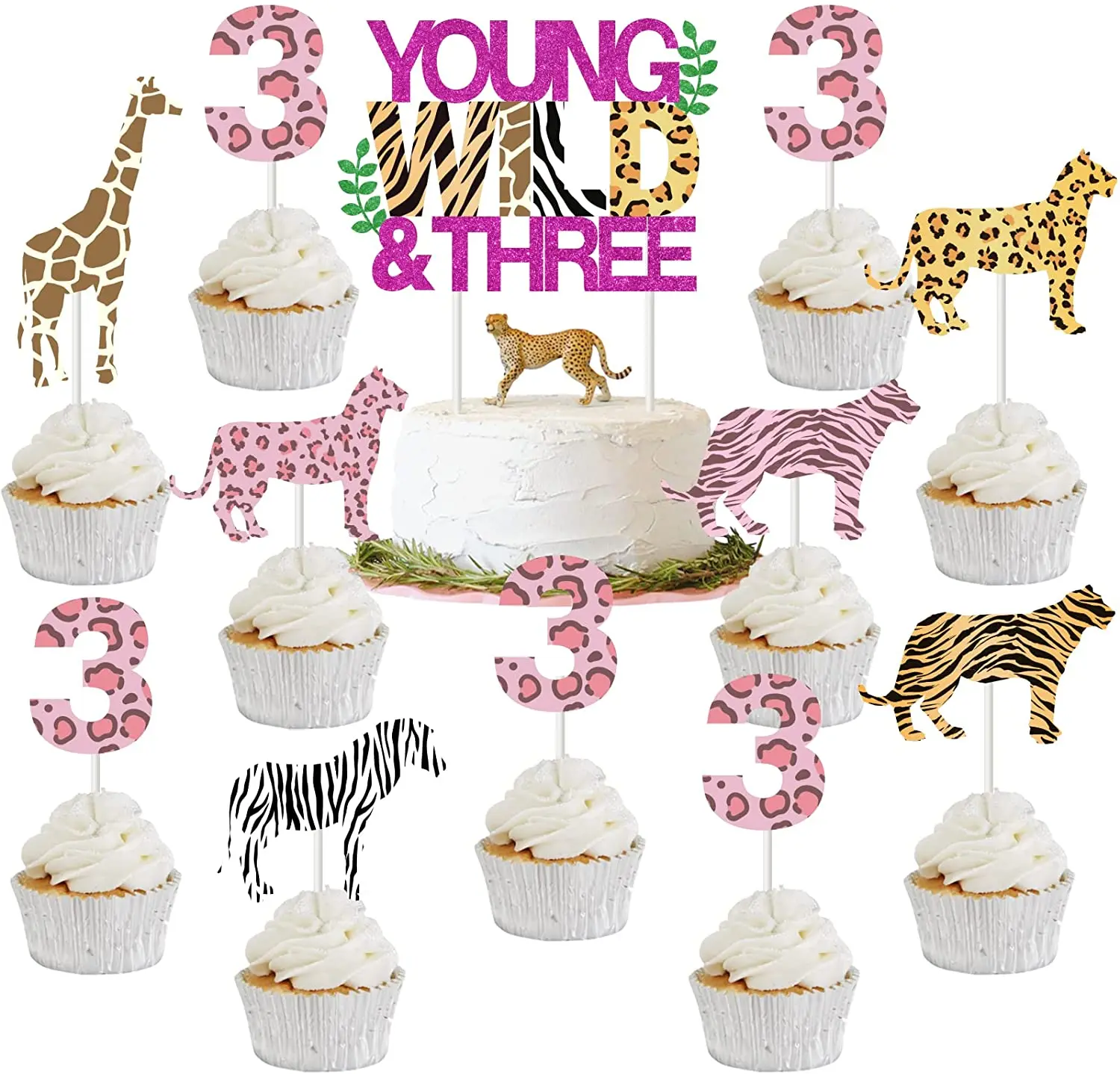 

Young Wild and Three Birthday Decorations for Girl 31pcs Young Wild & Three Cake Toppers Jungle Safari 3rd Birthday Party Decor