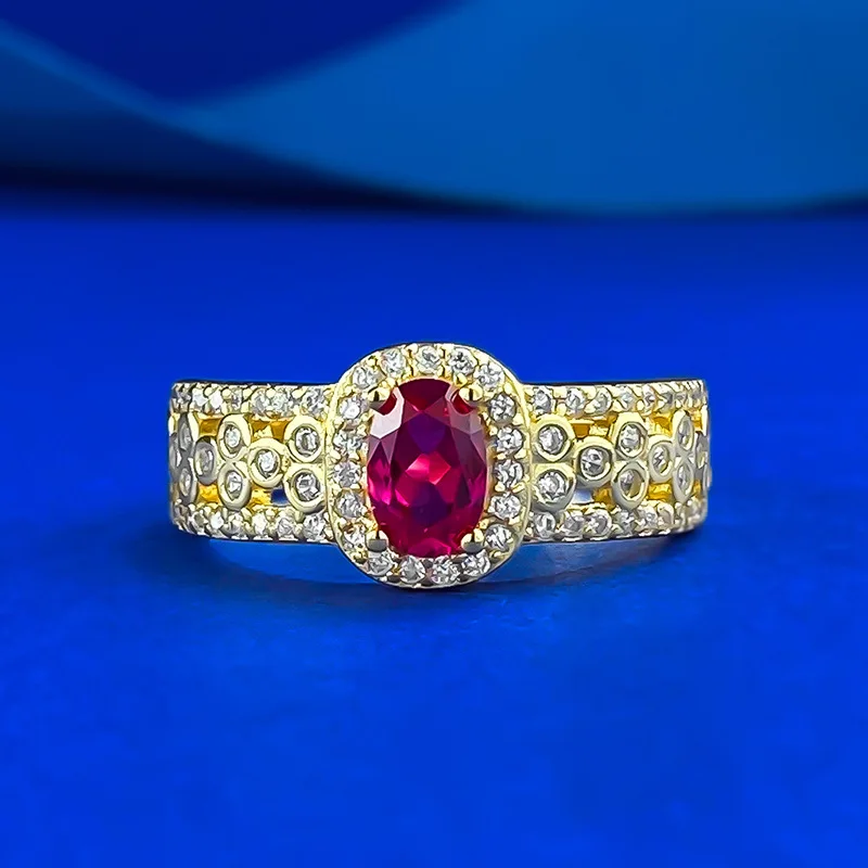 

S925 silver 4 * 6 oval pigeon blood red gold inlaid ring for daily versatile Xiaohongshu live streaming
