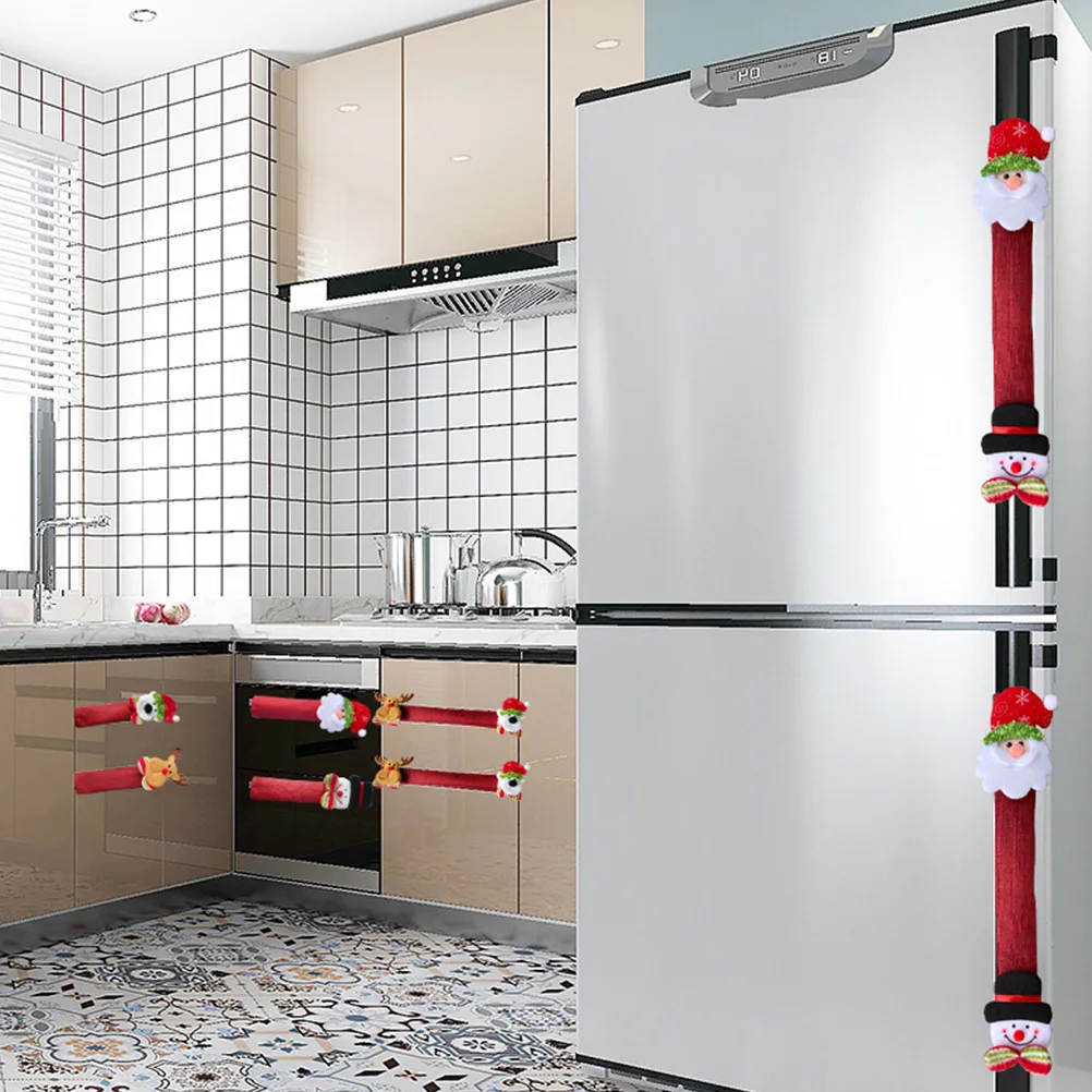 

8pcs Fridge Handle Gloves Christmas Oven Microwave Handle Cover Xmas Kitchen Appliance Decor Snowman Elk Design Anti-Skid