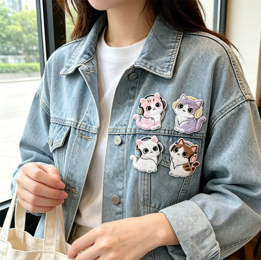 4-teiliges Katzen-Stickerei-Patch mit Kopfhörern für Kleidung, Rucksack-Zubehör, zum Aufbügeln, DIY-Aufkleber, Reparatur, Basteln – Detail 8