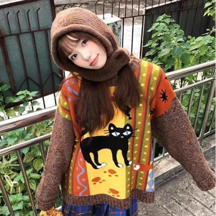 

Harajuku ленивый кот с вышивкой топы с круглым вырезом Mujer осень-зима новый утолщенный теплый вязаный пуловер с круглым вырезом свитера с длинными рукавами