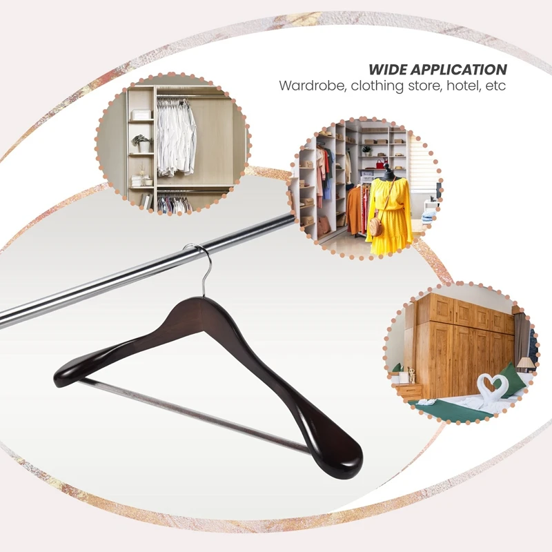 Confezione da 6 grucce in legno a spalla larga con barra per pantaloni antiscivolo - Appendiabiti per abiti in legno massello liscio