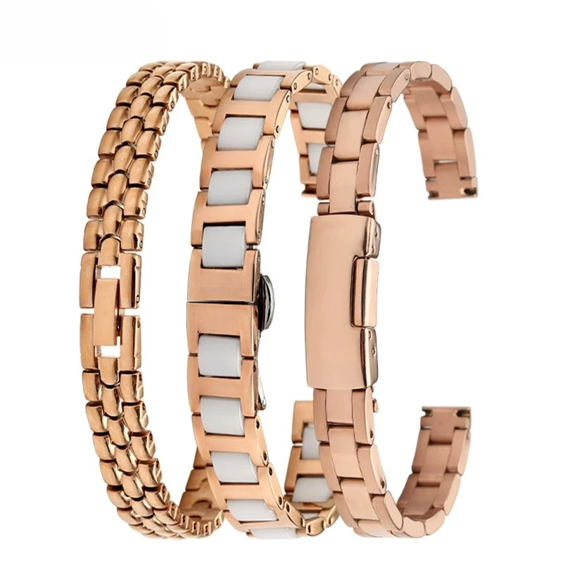 For any brand 6mm 8mm 10mm 12mm 14mm 16 Ladies Stainless Steel Watchband Solid Metal butterfly buckle Watch chain ceramic strap