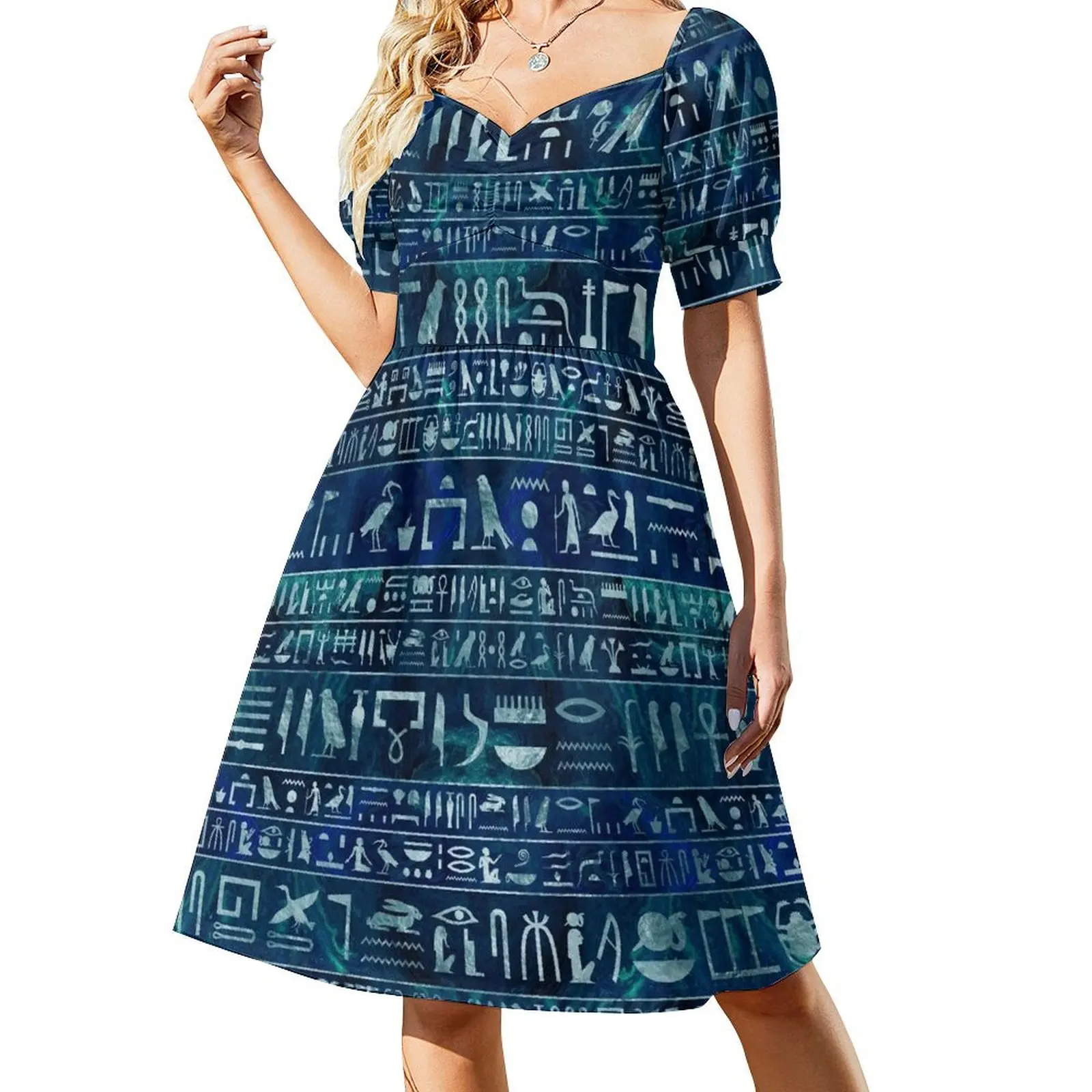 Egyptian hieroglyphs -silver on blue painted texture Short Sleeved Dress Long dresses luxury evening dresses 2025 Dress