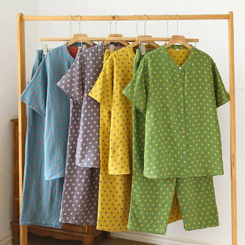 

Cotton Printed Women's Home Clothes Round Neck Short Sleeved Cardigan Tops with Long Pants Thin Casual Style Pijama Mujer