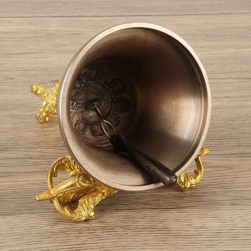 10cm Large Tibetan Bells Gold Nepal Handmade Carved Brass Vajra Bell Pestle Buddhism Meditation Chimes Sound Healing Ornaments