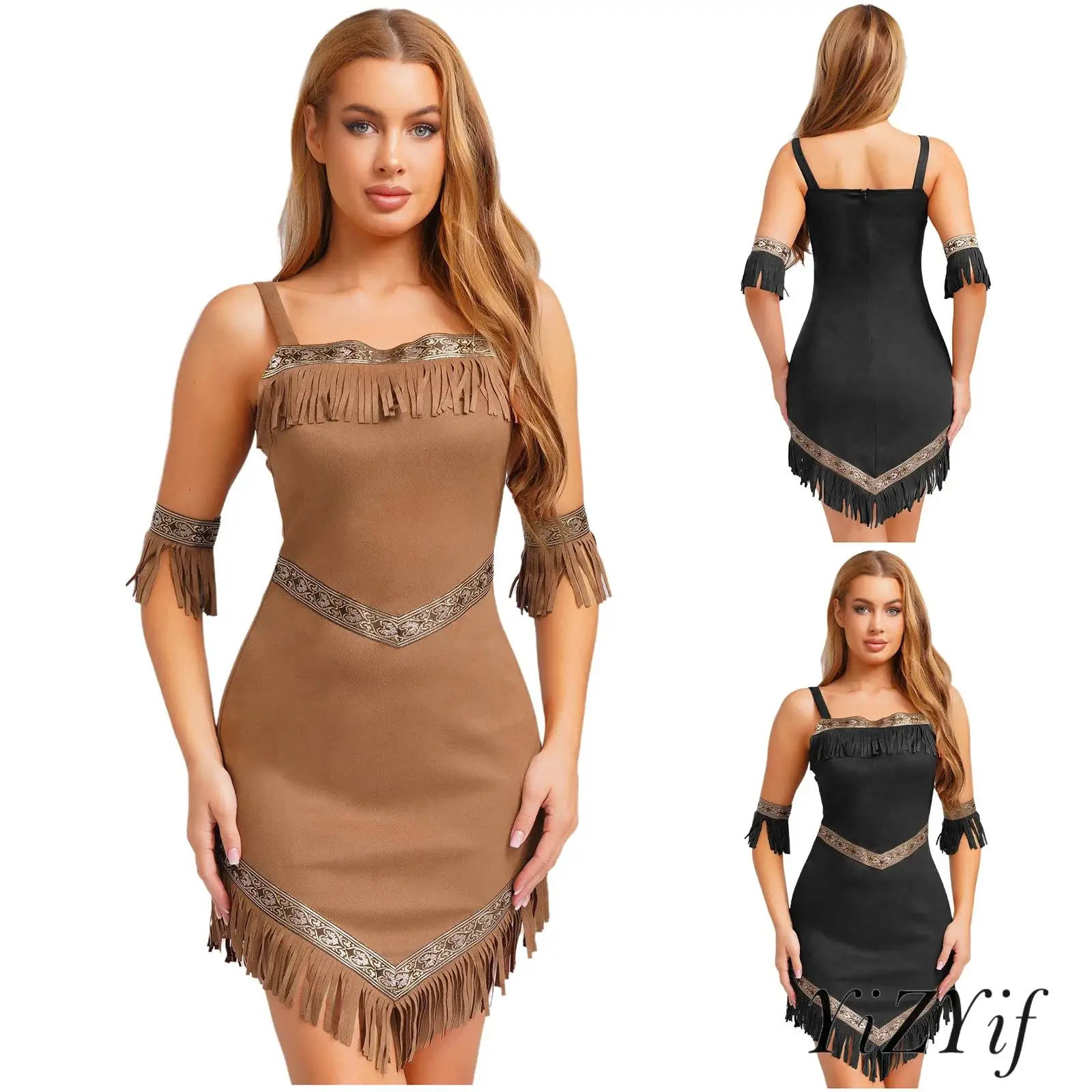 

‌Womens Ethnic Chic Irregular Hem Dress Stretchy Sling Off-Shoulder with Fringe Details for Exotic Style Costume Cosplay Events