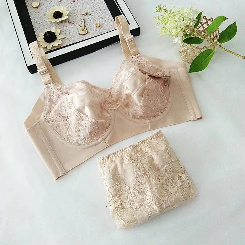 

Кружевной бюстгальтер и трусики с эффектом пуш-ап, одежда больших размеров, комплект нижнего белья, бюстгальтеры для женщин, нижнее белье B C D E F Cup, серый, черный, 75 80 85