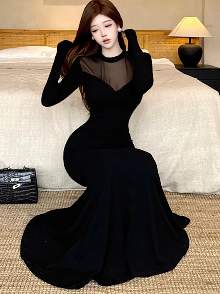 2025 Zwart Patchwork Mesh Sheer Sexy Club Jurk Vrouwen Lange Mouw Bodycon Avondjurk Zomer Koreaanse Luxe Festival Prom Dress