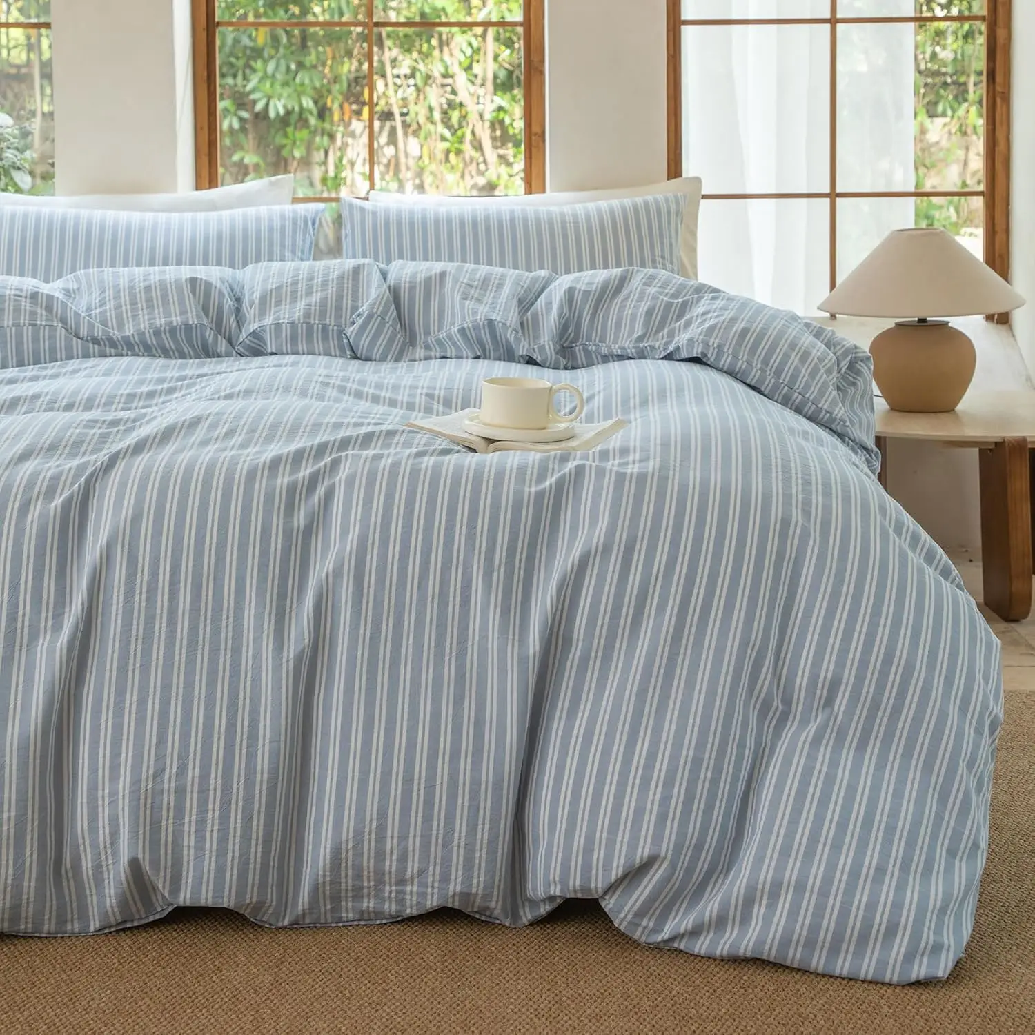 

3 Pcs Washed Cotton Duvet Cover Set Queen Size Striped with Zipper Closure