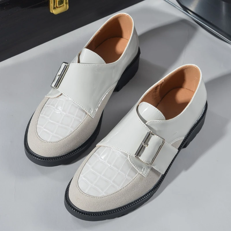 

British Style White Low Heel Shoes Women High Quality Leather Patchwork Casual Loafers Buckle Design Comfortable Oxford Shoes