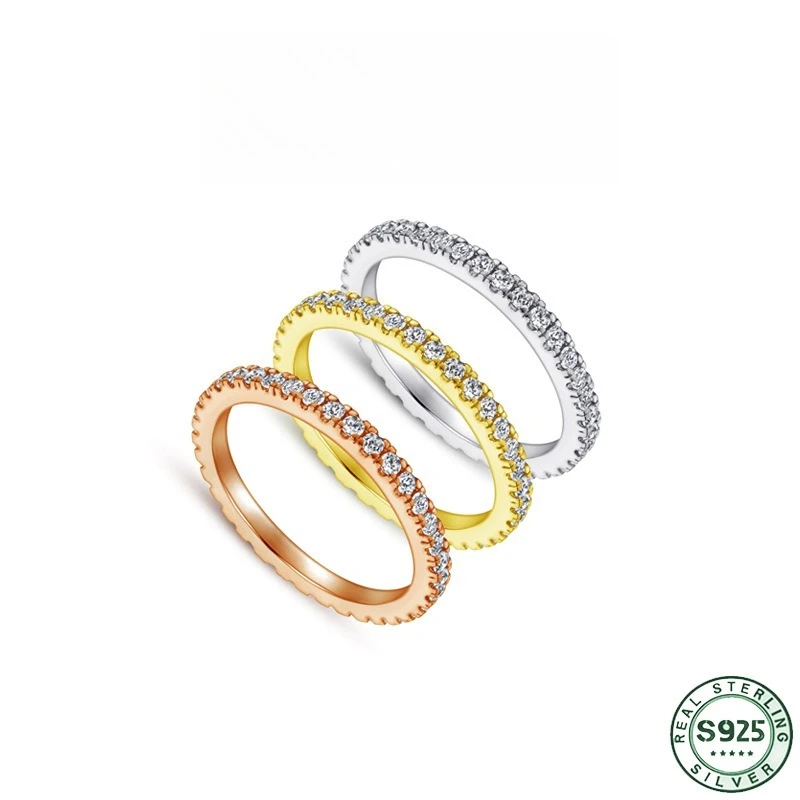 Hot selling fashion 100% s925 pure silver ring electroplated with 18K rose gold full circle zircon ring, wedding jewelry