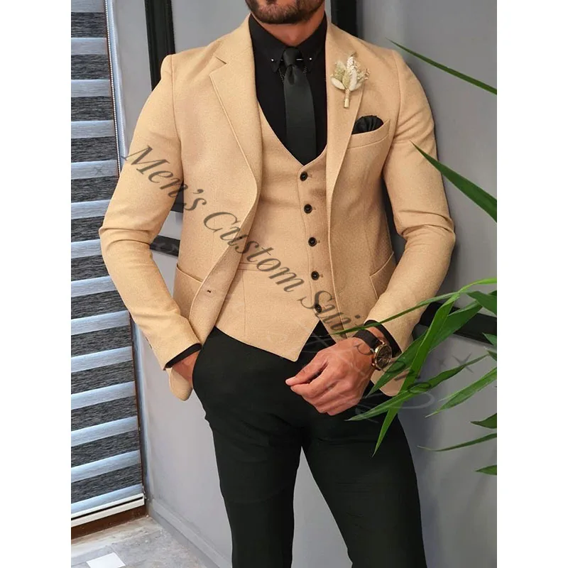 

Khaki Suits For Men Latest Design Sets 3 Piece (Jacket+Vest+Pants) Trajes De Hombre Prom Party Blazer Dress Wedding Tuxedo