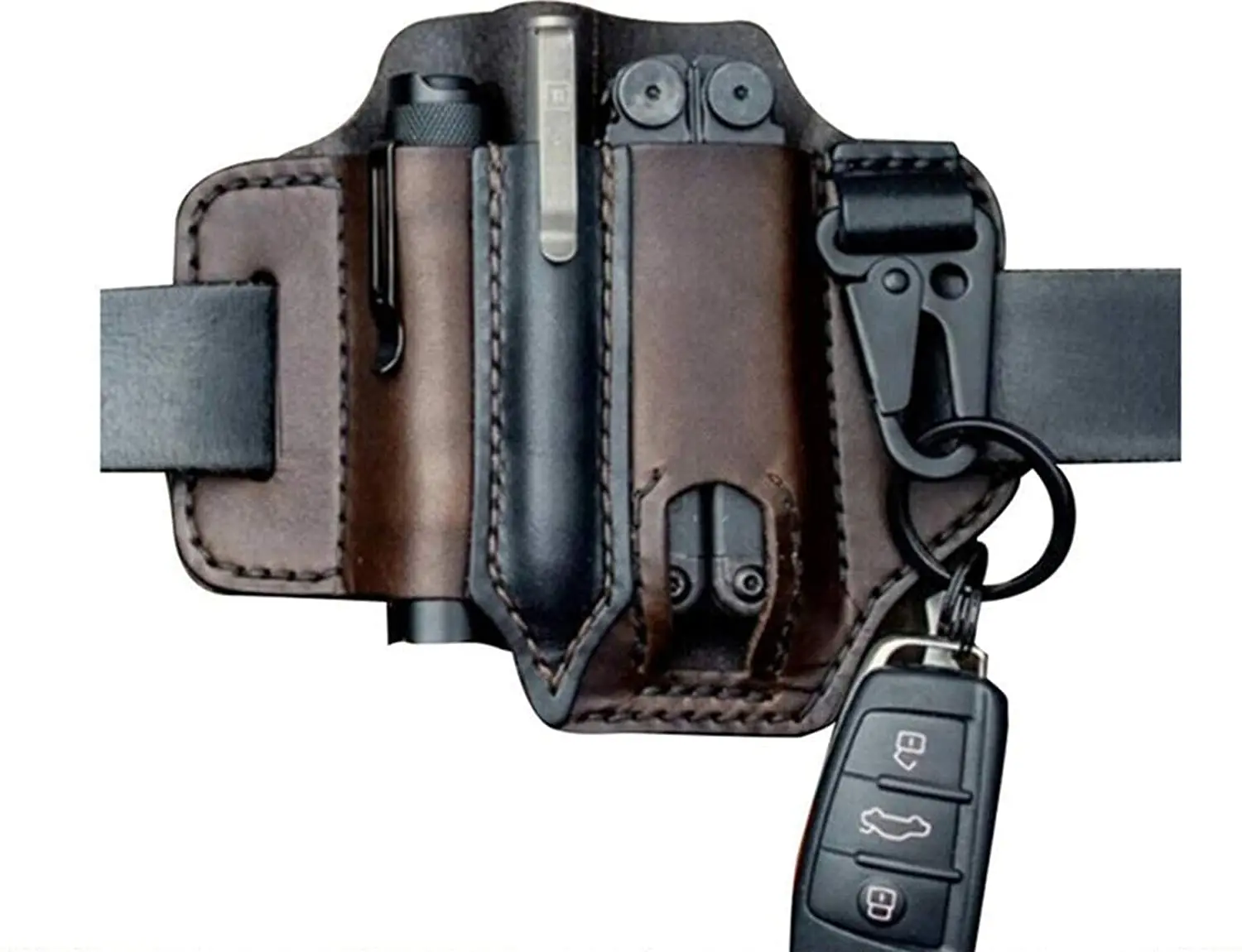 

Multitool Sheath for Belt Leather EDC Pocket Organizer with Pen Holder Key Fob Flashlight Sheath EDC Leather Pouch Genuine