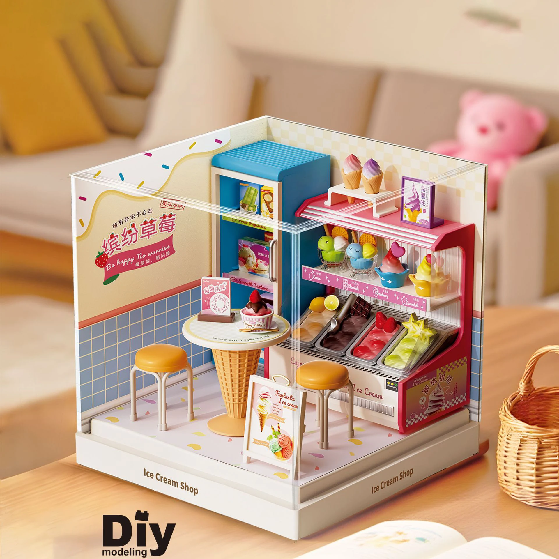 Creative DIY House Mininatures Scene Assemble Model Kit with Dust Cover Dessert Ice Cream Shop Mini DollHouse Models Toys Gifts