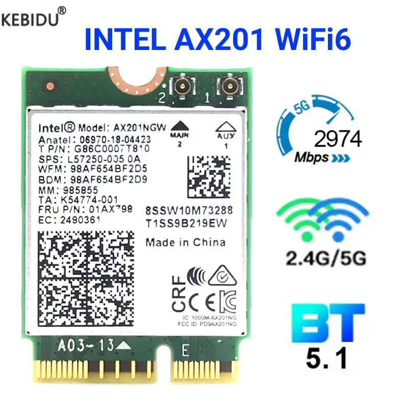 Dual band 2.4Gbps Intel Wi-Fi 6 AX201 AX201NGW 802.11ax/ac Wifi module NGFF M.2 CNVio2 Bluetooth 5.1 Network Card