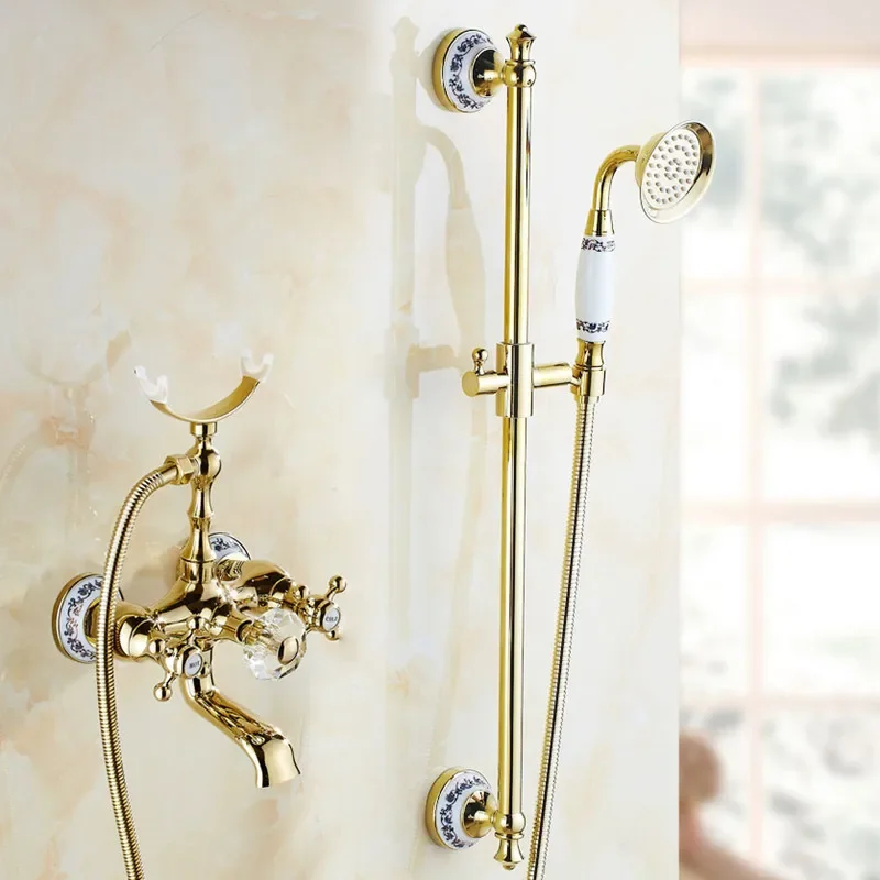 

Luxury Crystal Bathtub Faucet Gold Brass Faucet with Hand Shower Telephone Type Bath Faucets Sets Mixer Tap Wall Mounted Rotate