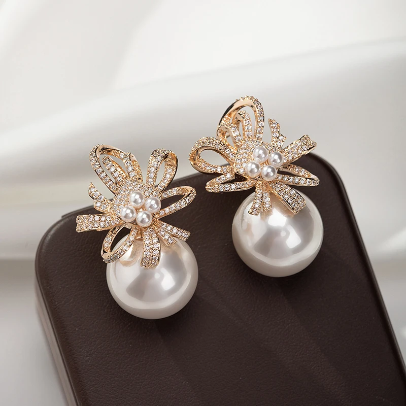 SENYU Beautiful Bowknot Ball Pearl Earrings Pave full Mini Clear Cubic Zirconia Luxury Women Party CZ Jewelry Gifts