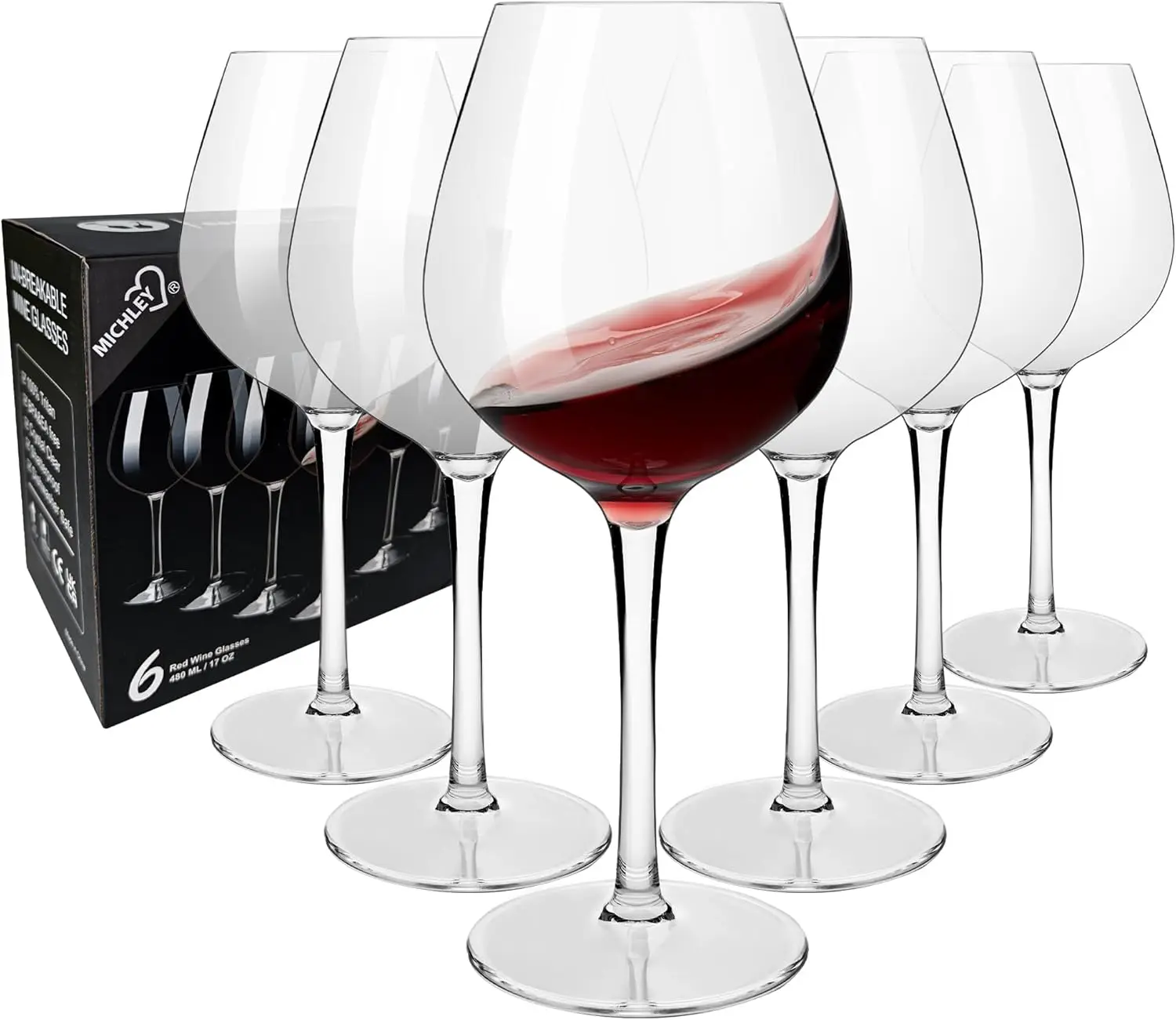 

Unbreakable Red Wine Glasses 17 oz, Tritan Plastic Reusable Stemware for Indoor and Outdoor Use, Set of 6