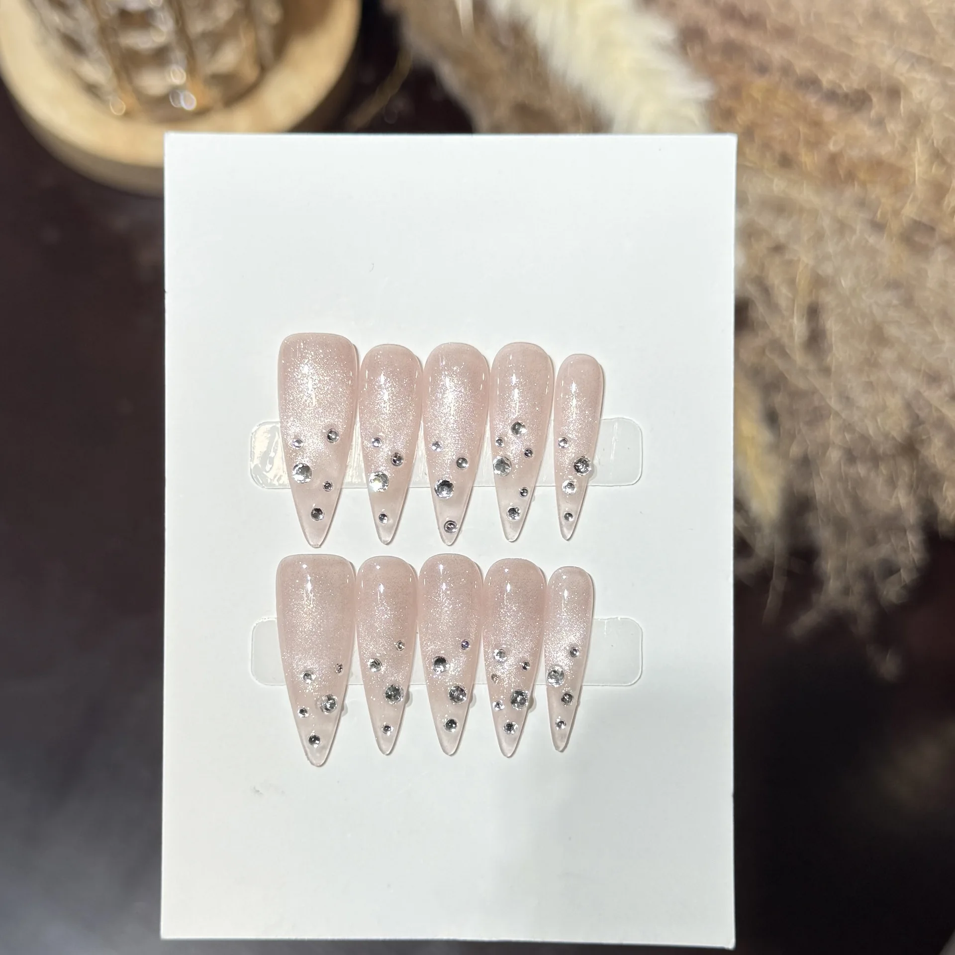 10pcs Minimalist Nude Color Cat Eyes Press On Nail Broken Diamonds Handmade Diy Wearable False Nail