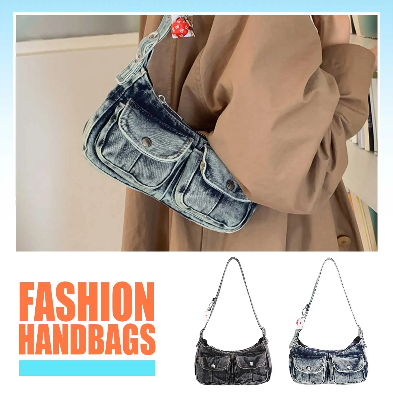 

Women Denim Small Top Handle Clutch Zipper Hobo Tote Purses with Multiple Pockets Handbag for Travel Shopping Work Daily Use
