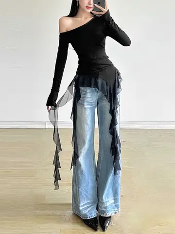 Ruffles Tassel Off shoulder Long sleeve T shirt Women Sweet Gentle Streetwear Party Basic Top Tees Shirt Sexy 2025 New