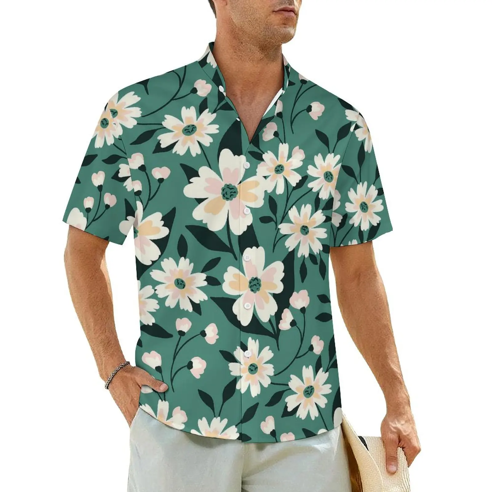 

White Daisies Print Hawaiian Shirt For Man Vacation Meadow Floral Casual Shirts Short-Sleeve Fashion Trendy Oversized Blouses