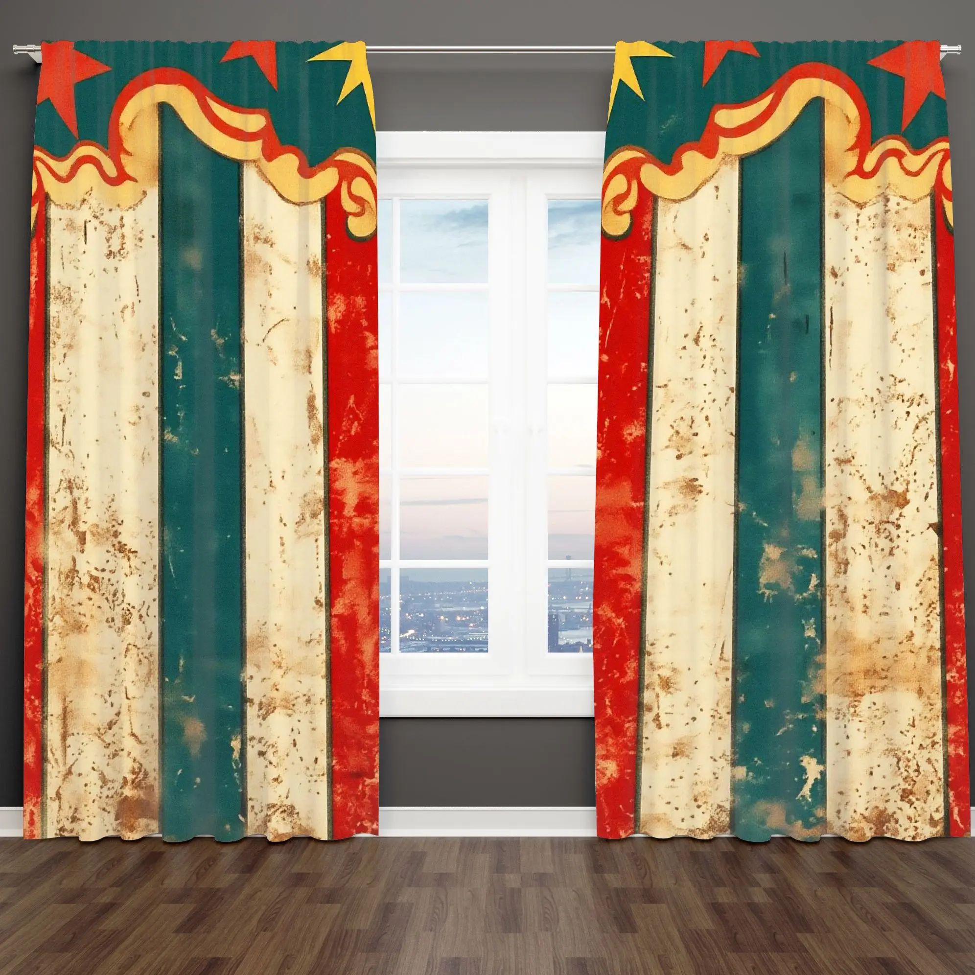 Retro Circus Curtains 2pcs – Distressed Vertical Stripes with Ornate Top Border Whimsical Window Decor for Bedroom and Game Room