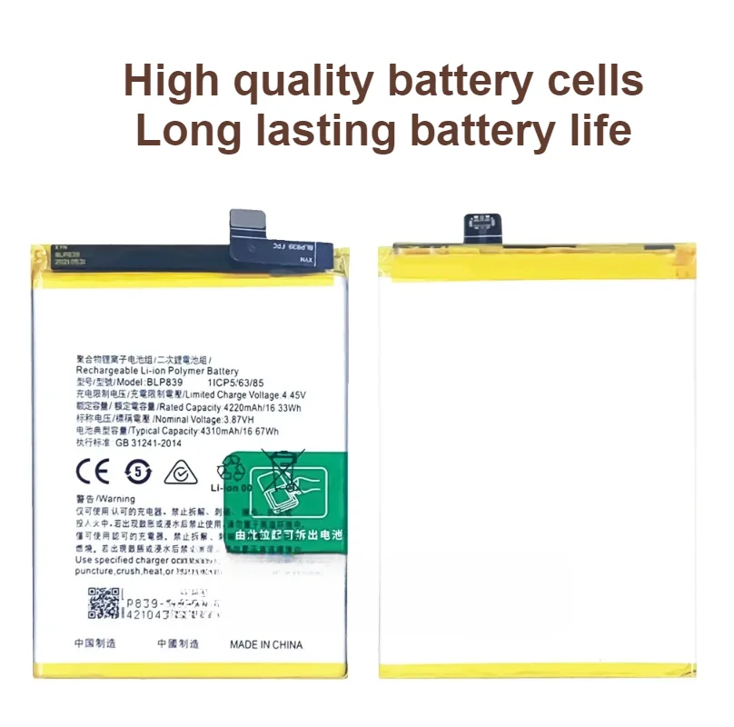 4310mAh BLP839 Mobile Phone Battery for OPPO A95 5G /A94 5G/RENO 5Z 5G/RENO 6Z Replacement Battery With Tools