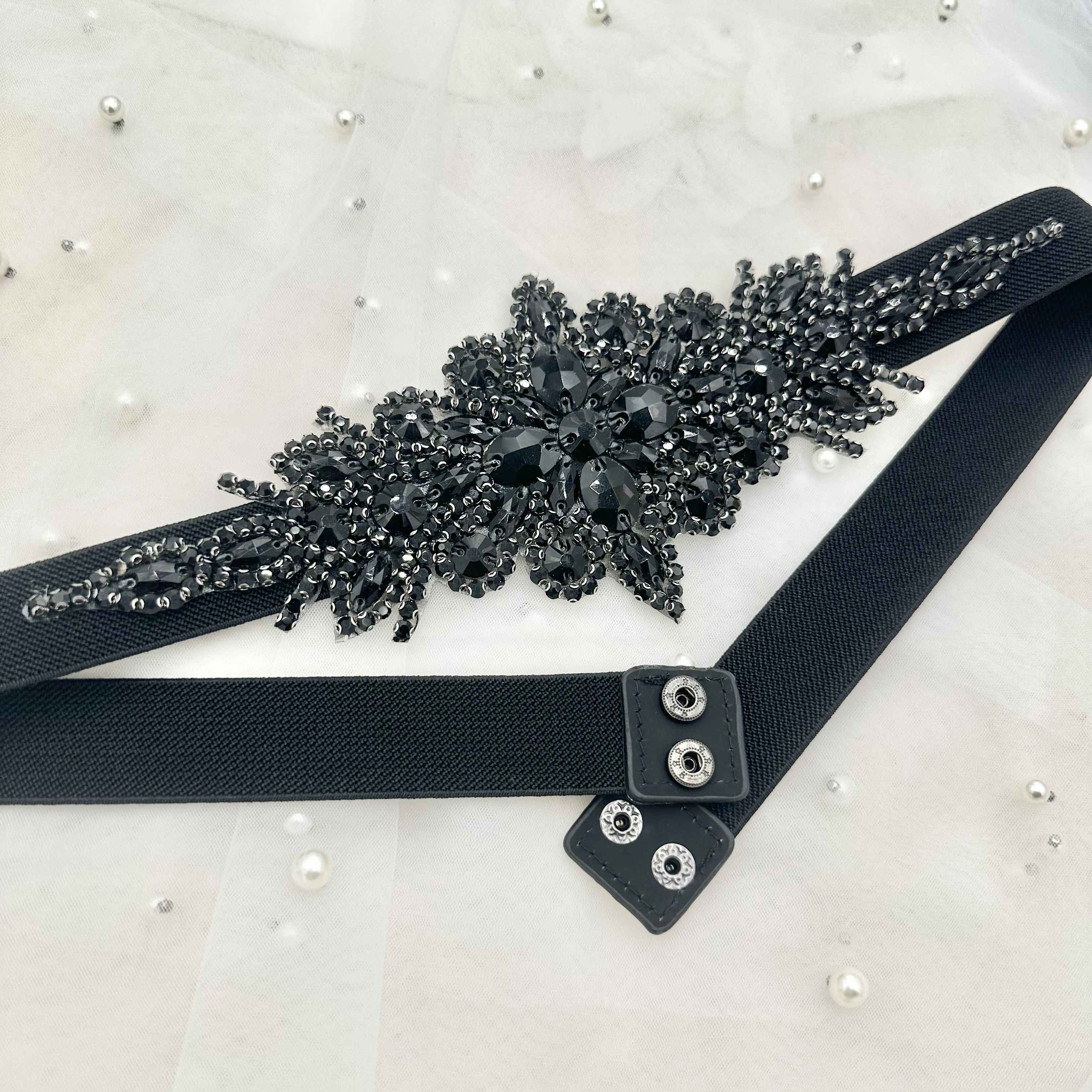 Silver Glass Bead Hand-Sewn Rhinestone Waist Belt for Women's Wedding Dresses Evening Gowns Elastic Waist Seal DIY Accessory