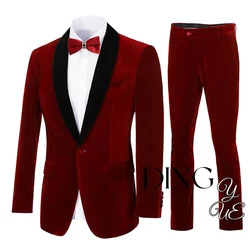 Men's Velvet Suit 2 Piece Slim Fit Suits 1 Button Peaked Lapel Tuxedo Blazer Party Dinner Jacket Pants Set