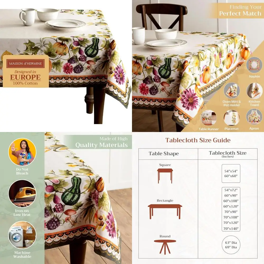 

Cotton Rectangle Tablecloth 100% Cotton 60x120 Inches for Fall, Thanksgiving, Reusable Everyday Table Cover