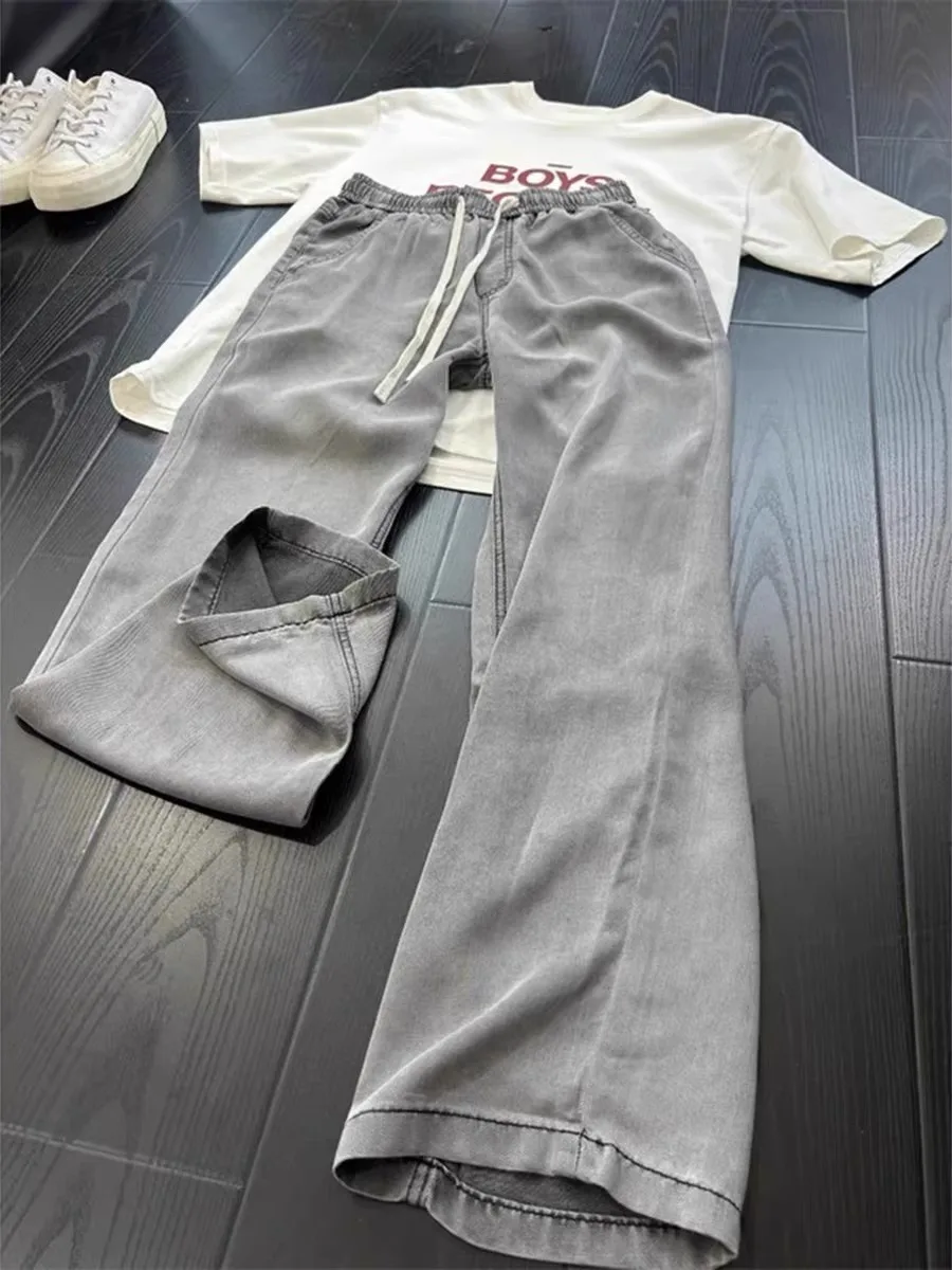 E ey الجليد الحرير الجينز الرجال الصيف مرونة الخصر واسعة الساق السراويل الطويلة الأمريكية الرجعية خفيفة الوزن مستقيم الساق السراويل #1