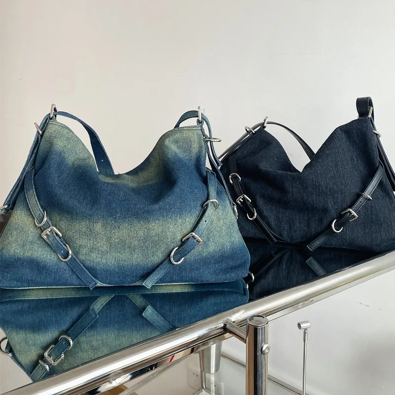 iPinee niche design retro large capacity tote bag for women new Denim hot girl versatile underarm bag