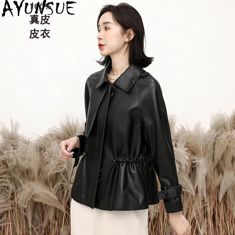 AYUNSUE Genuino Giacca di Pelle Vestiti Delle Donne 2025 Primavera Autunno Cappotto di Pelle di Pecora Donna Vita Nera Jaqueta De Couro