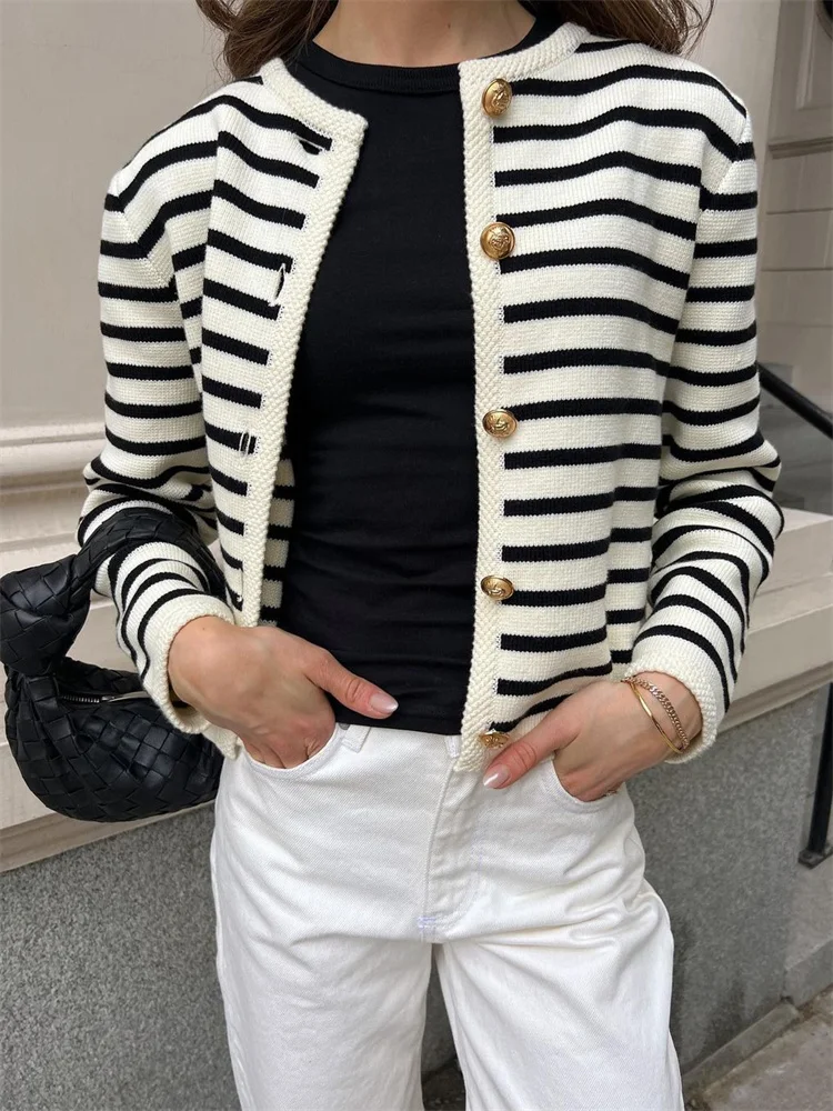 

Classic Striped Knit Sweater Cardigan Coat Female Loose Long Sleeve Fashion Slim Patchwork Contrast Outwear Summer Knitwear Coat