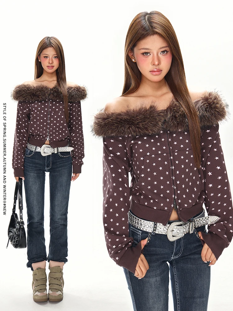 

Женское облегающее пальто с колючками и меховым воротником, звездным принтом, открытый кардиган на молнии, осень-зима