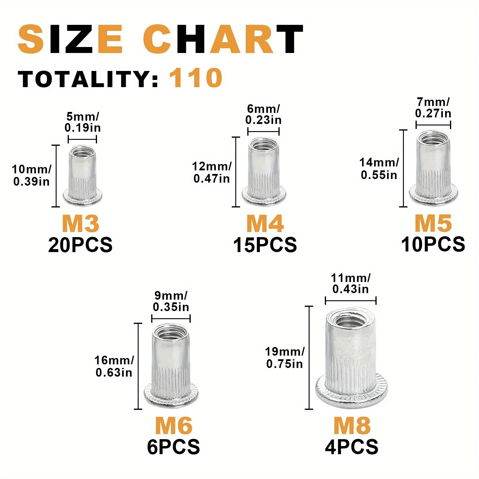 110Pcs Aluminum Rivet Nuts Set, Flat Head Threaded Nut Assortment Kit for Automotive Furniture Industrial Blind Fastening