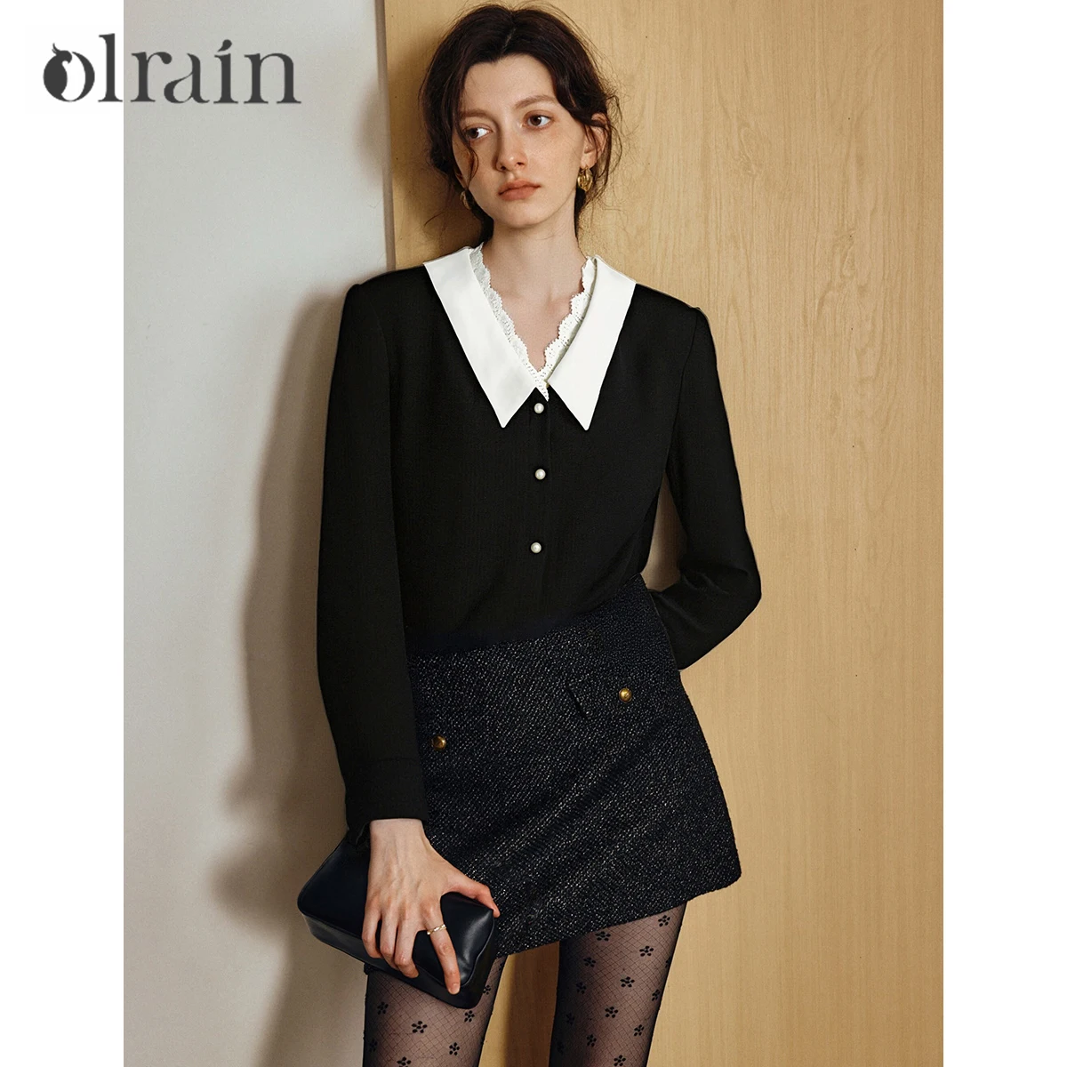 

OLrain French Shirts for Woman 2025 Autumn Turn-down Long Sleeve Shirt Contrasting Lace Blouse Elegant Lady Clothes O57QC001816