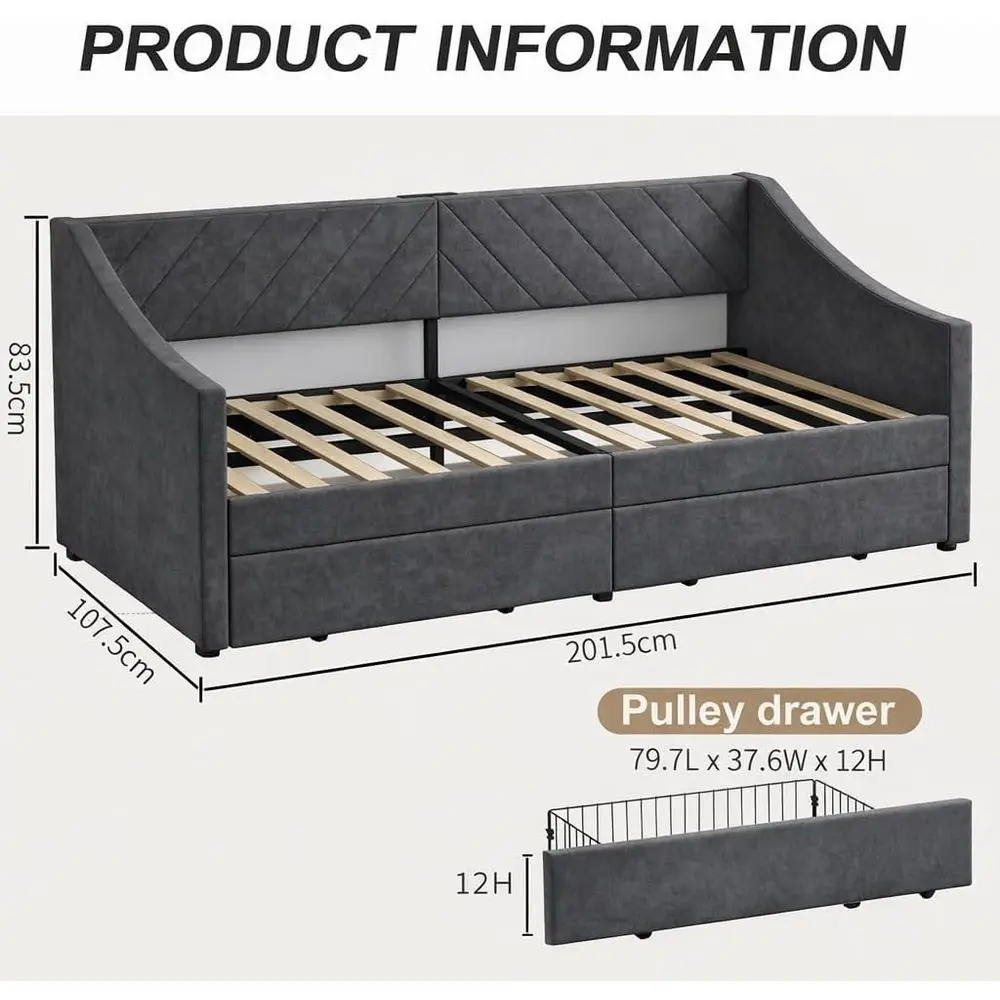 Twin Daybed with Storage Drawers and Leather Sofa Bed, Wood Slat Support, No Box Spring Needed (K Grey)