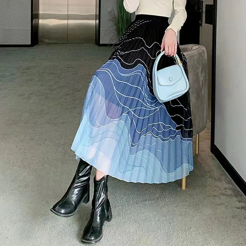 Fashion Gradient Print Pleated Mesh Tulle Skirt Women Casual Slim Elastic High Waist Party Long Skirts Spring Summer 2023 New