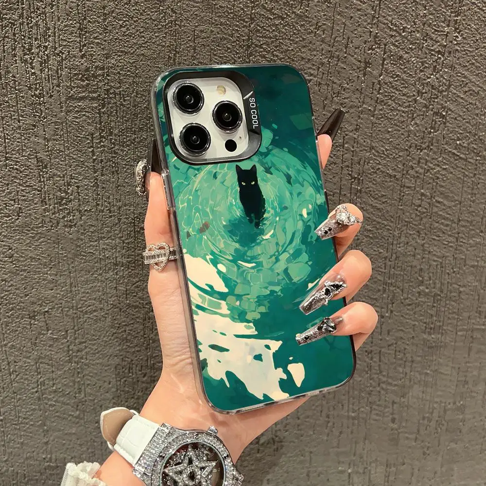 

The black cat is in the pond phone case for iPhone 16 15 14 13 12 11 Pro/ Max/Plus shock-proof rear cover anti-fingerprint