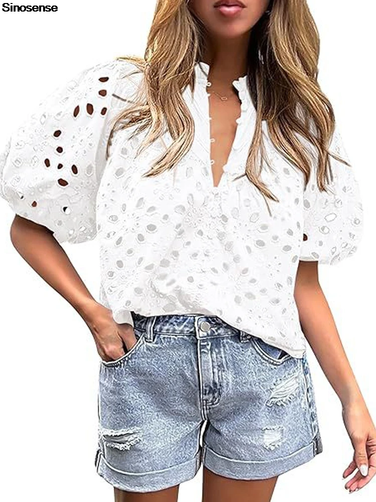 

Women's Summer Tops Dressy Casual Short Lantern Sleeve V Neck Buttons Hollow Out Lace Embroidered Blouses Shirts