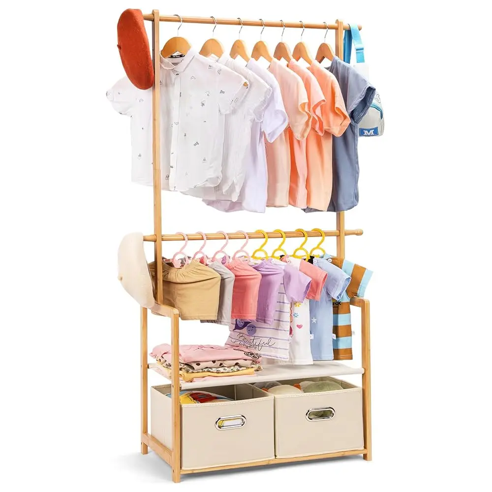 

Kids Clothing Ra Bamboo With 2 Storage Baskets And 2 Adjustable Hanging Rods,Child Garment Holder With Shelf, Dr Up Racks For