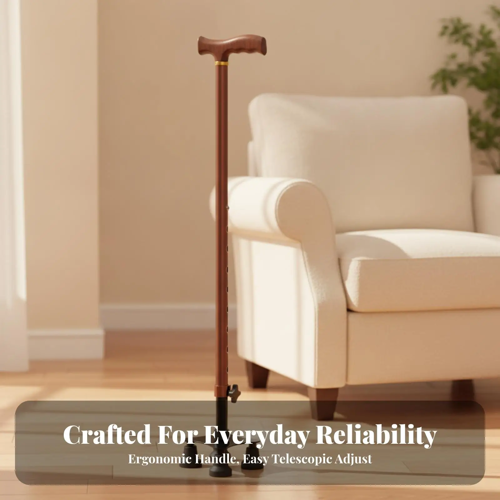 Sturdy Stainless Steel Walking Cane Adjustable Height Comfortable Grip Safe Rubber Foot for Elderly Balance Assistance