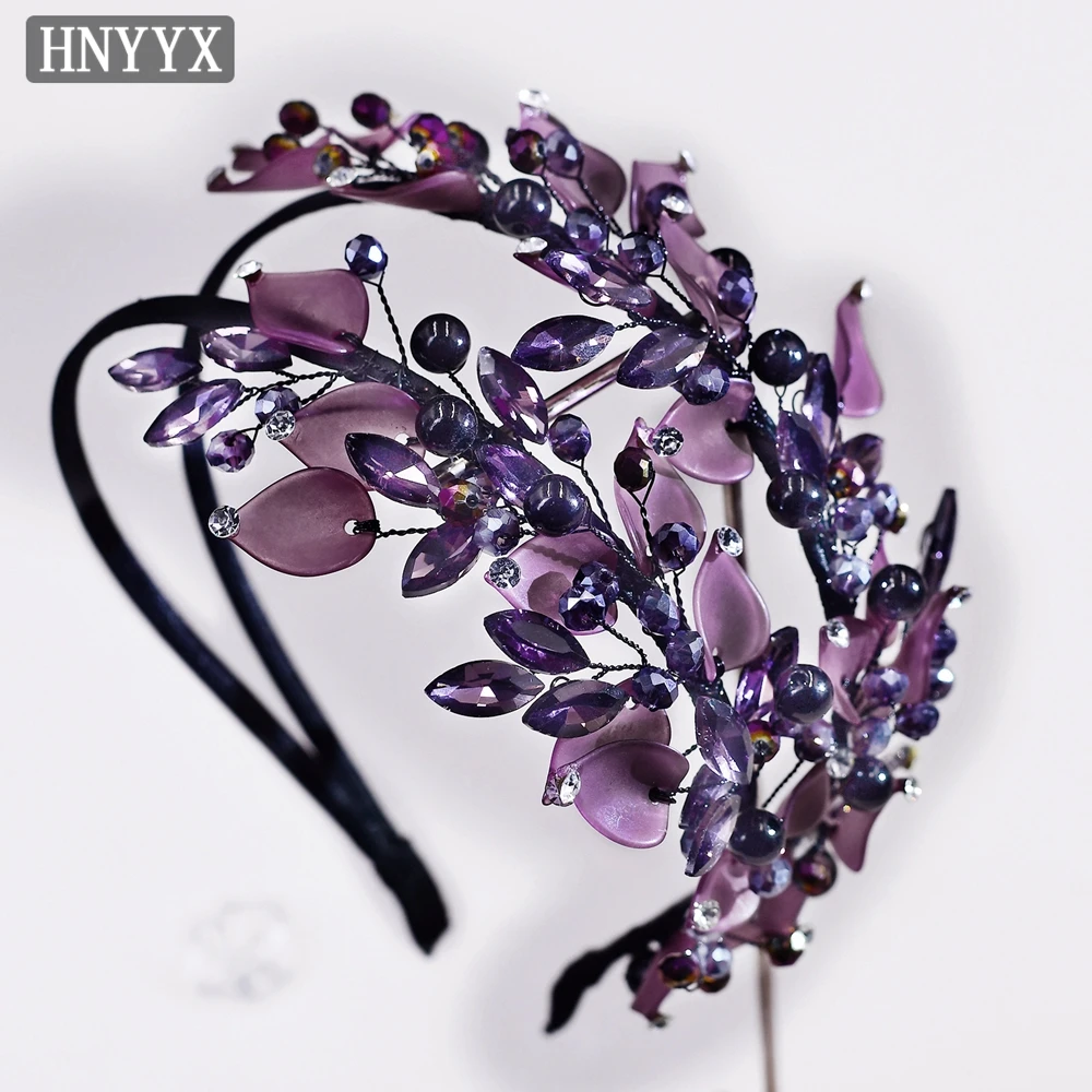 HNYYX Purple Crystal Headband Flower Beaded Hair Accessory Elegant Party Hairpiece Festive Tiara Stage Hair Wear Wedding A143