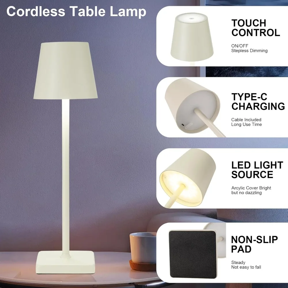 

Popular 2 Pack Rechargeable Cordless Table Lamps, 5200mAh Battery Touch Table Light, Aluminum Shell Stepless Dimmable